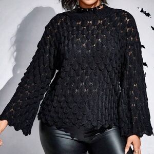 PLUS SIZE PUNK Pointelle Knit Flare Sleeve Sweater in BLK